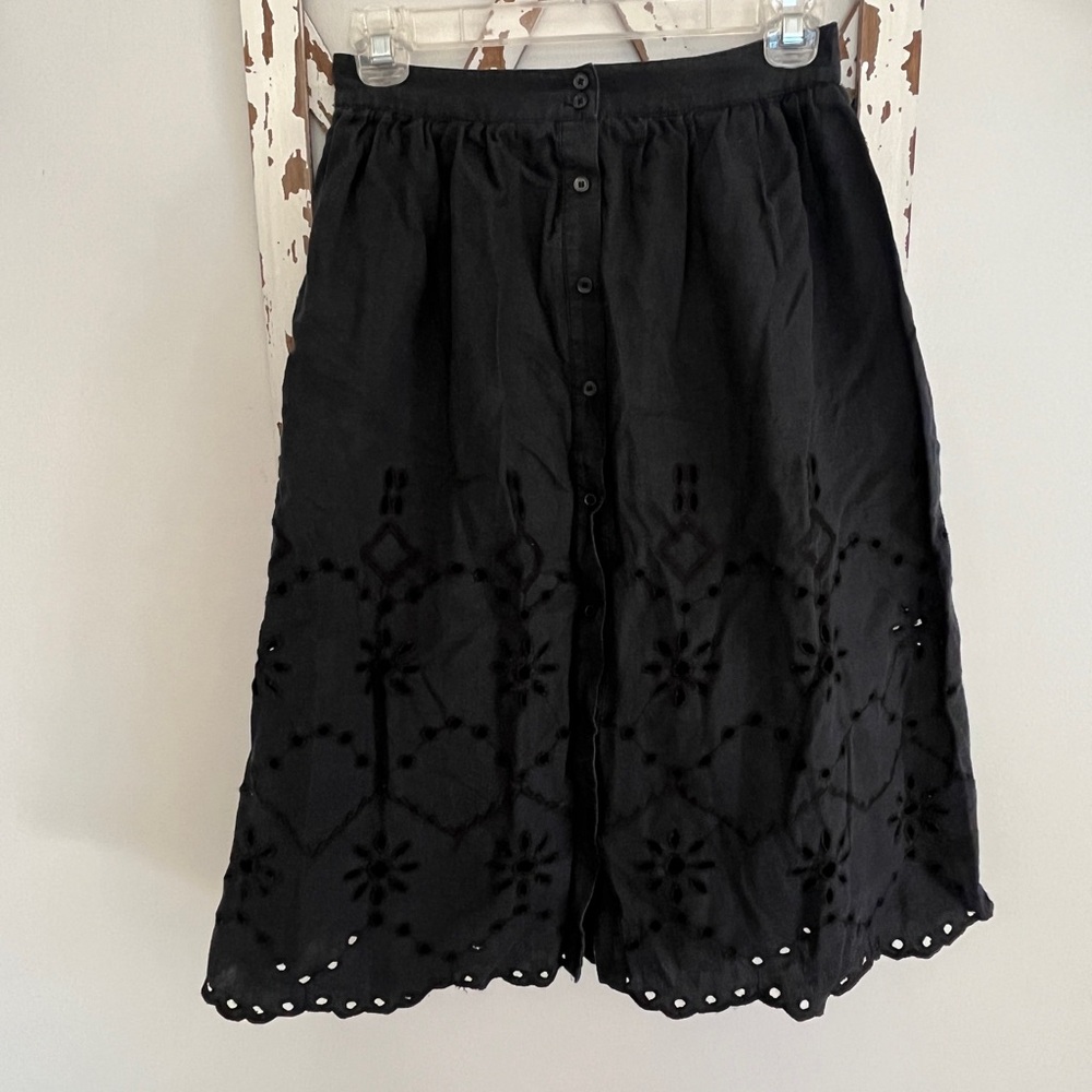 Rachel Parcell Skirt Womens XS Midi Eyelet Linen Washed Out Black Button Pull On